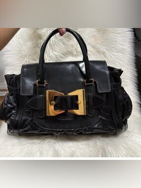 Gucci Black Patent Leather Bag with Gold Bow Buckle w Cert of Authenticity